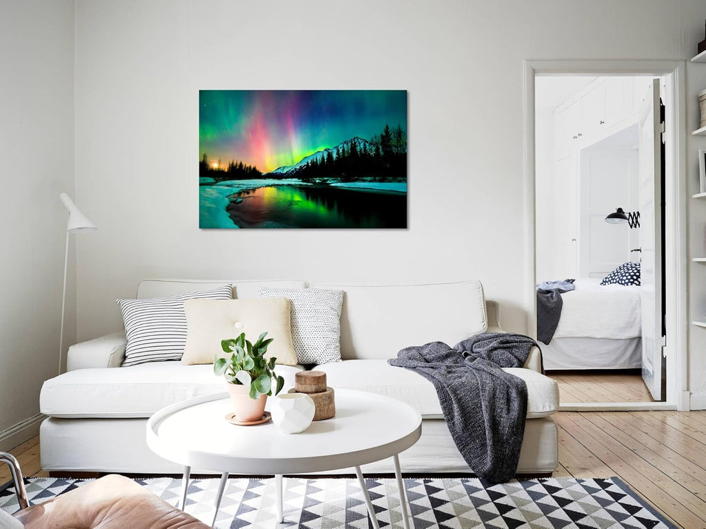 Aurora Borealis Canvas Wall Art Northern Lights Canvas Print Painting for Living Room Snowy-Mountains-Landscape Poster Picture Wooden Framed Prints Ready to Hang(16.00"x24.00")