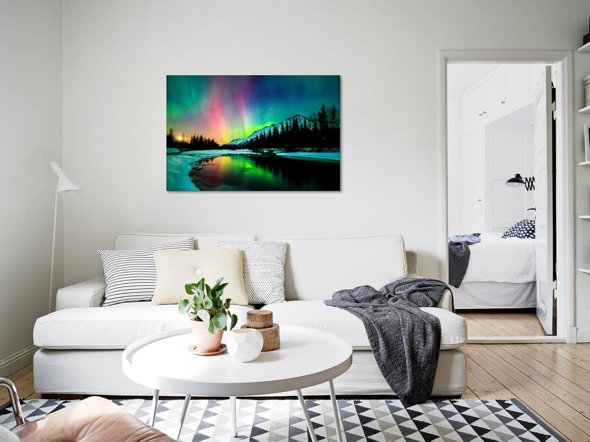 Aurora Borealis Canvas Wall Art Northern Lights Canvas Print Painting for Living Room Snowy-Mountains-Landscape Poster Picture Wooden Framed Prints Ready to Hang(16.00"x24.00")