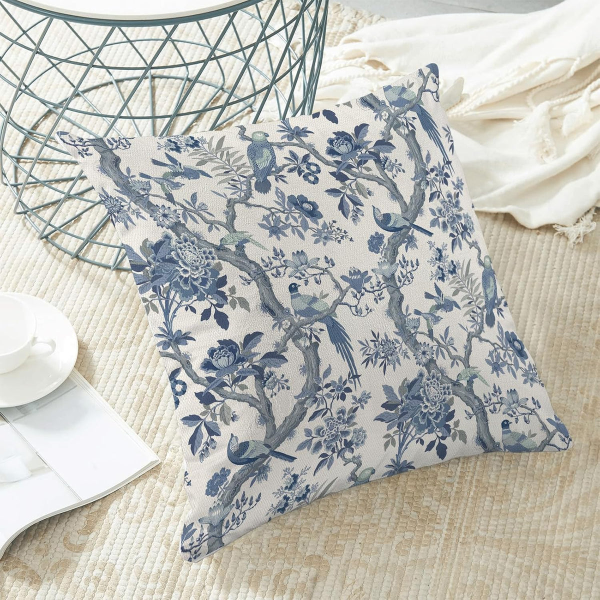 CXMEIFLY Spring Pillow Covers 18 x 18 Inch Set of 2 for Navy Blue Chinoiserie Flowers Bird Decor Throw Pillows Vintage Floral Plant Outdoor Decorative Cushion Cases for Couch Bed Decorations