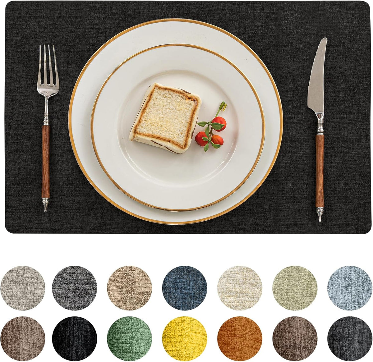 Romanstile Vinyl Placemats Set of 4-12 X 18 Inch - Heat Resistant Place Mats 100% Waterproof Oilproof Wipeable Reversible Faux Leather Table Mats for Kitchen/Dining/Party/Holiday, Black