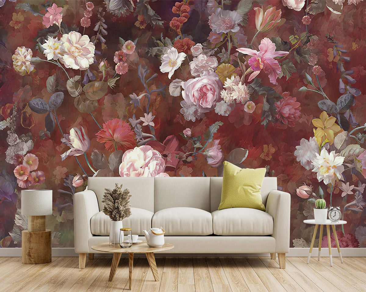 -Vintage Roses Floral Fabric Wallpaper Living Room Bedroom Bathroom Flowers Wall Mural- 91"x65"（ not Peel and Stick）