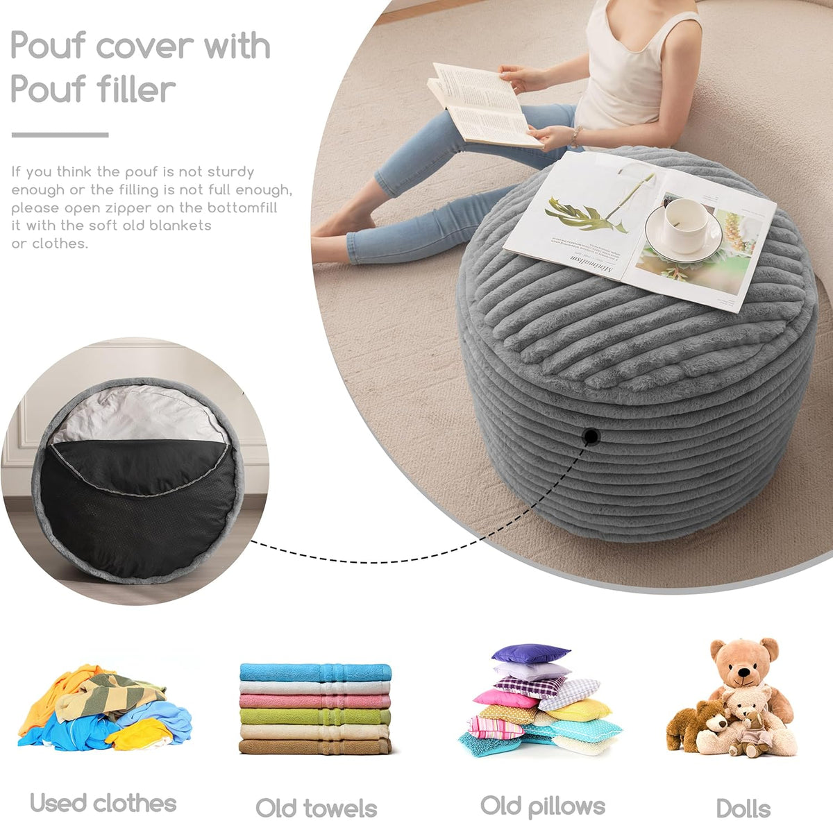 HIGOGOGO Round Stuffed Pouf Ottoman, Stripe Faux Fur Poufs with Foam Chunk Filling, Furry and Fluffy Pouf Foot Stool Storage Ottoman, 26 X 18 Floor Poufs Foot Rest for Living Room, Grey