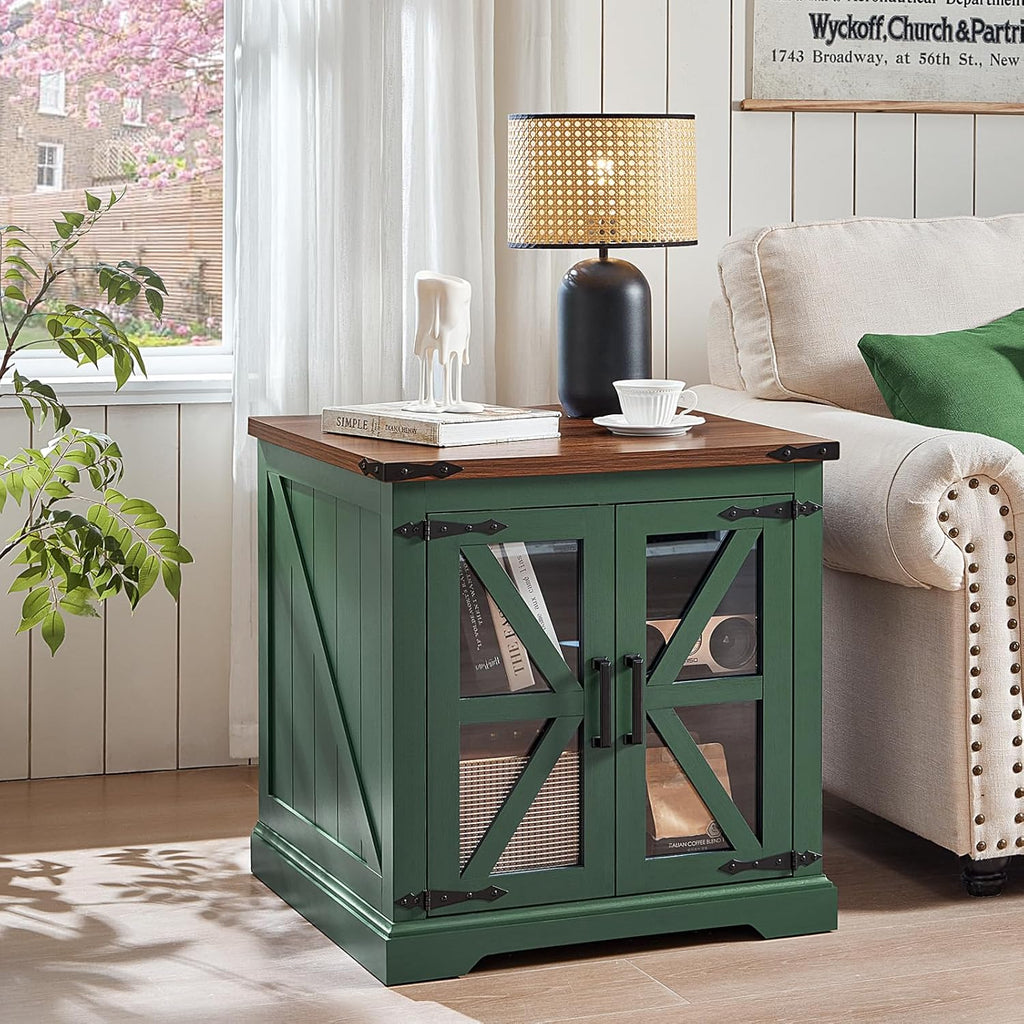 24" End Table with Charging Station, Farmhouse Night Stand with Glass Barn Door, Green Nightstands with Adjustable Storage Shelf, Large Wood Square Bed Side Table for Living Room, Bedroom