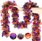Halloween Tinsel Garland Decorations, 36.75 Ft Shiny Metallic Halloween Hanging Decorations with Pumpkin Bat Spider Web, Purple and Orange Tinsel Garland for Outdoor Indoor Home Tree Party Decor