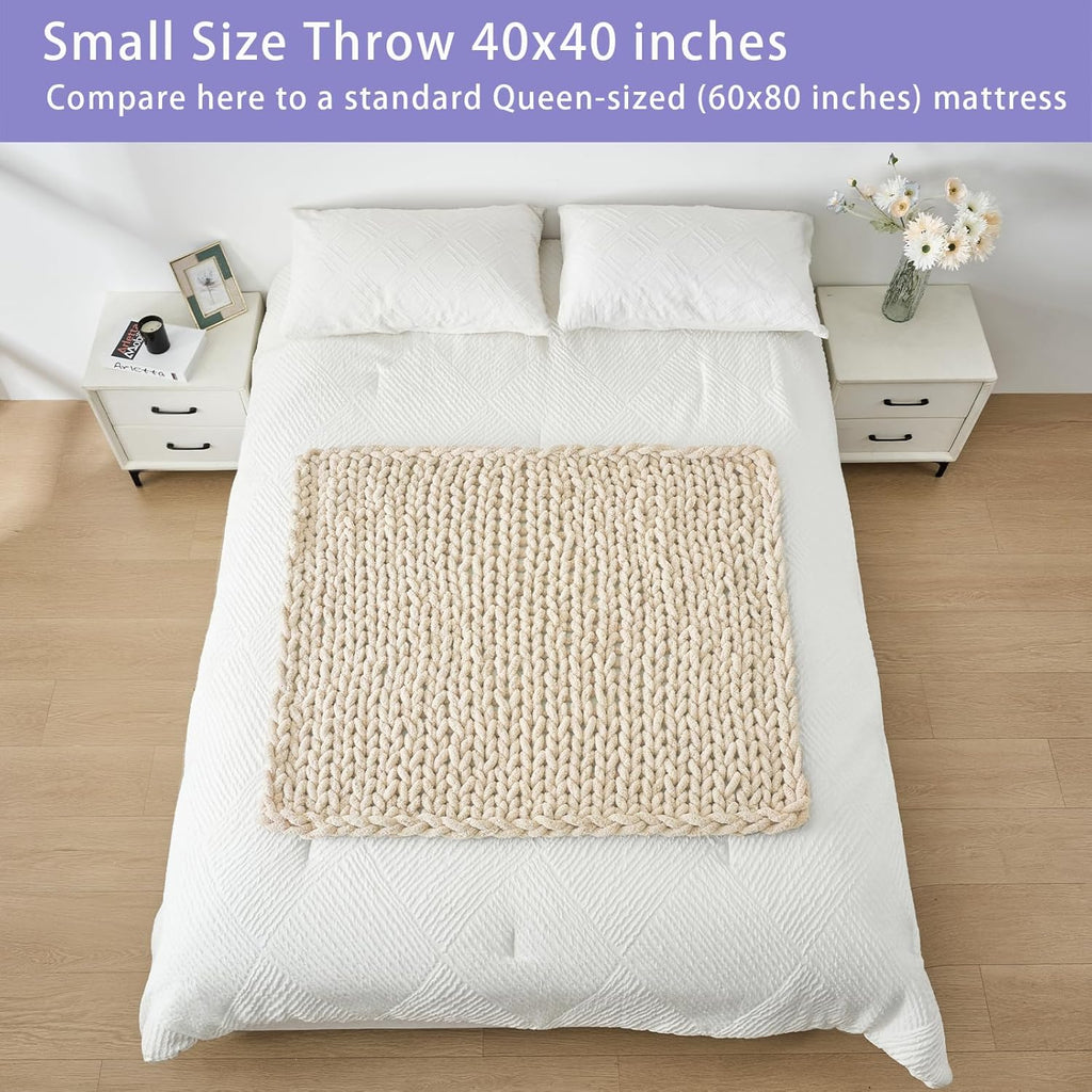Bigacogo Chunky Knit Throw Blanket for Couch, 40x40 inches, 100% Hand Knitted with Thick Jumbo Chenille Yarn, Cozy Soft Large Rope Knot Cable Crochet Blankets for Sofa Bed Living Room, Beige