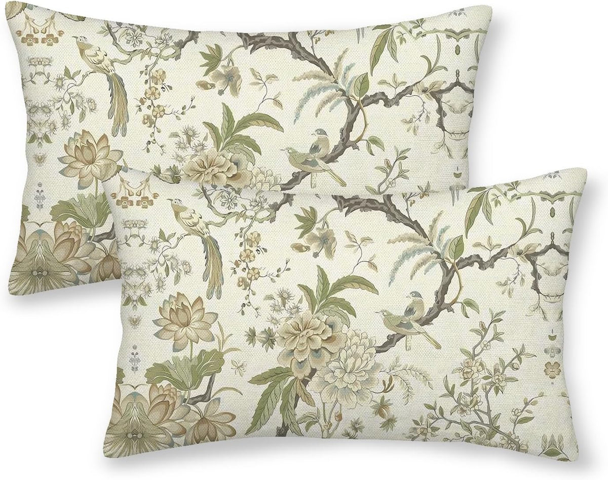 CXMEIFLY Spring Floral Birds Pillow Covers 12 x 20 Inch Set of 2 for Chinoiserie Flowers Decor Throw Pillows Sage Green Plant Outdoor Decorative Cushion Cases for Couch Bed Decorations