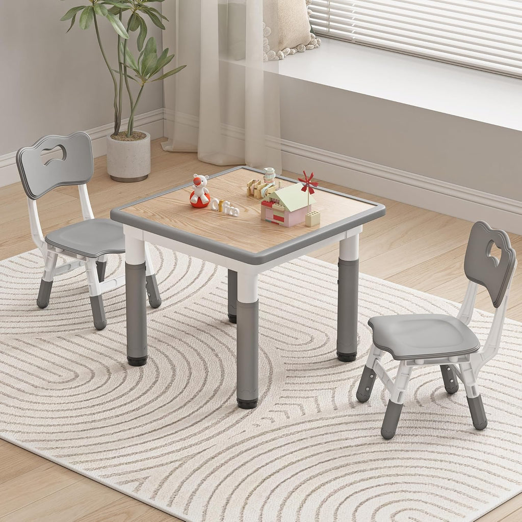 Kids Table and Chairs, Height Adjustable Childrens Table and Chair Set, Kids Tables for Age 2-8, Graffiti Desktop, Table for Kids with 2 Seats, Small Kids Table, Max 300lbs, Grey