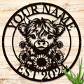 Personalized Highland Cow Name metal Signs,Custom Highland Cow Metal Shed Wall Decor,Black Metal Wall Art Plaques Outdoor wall Decorative Signage (Style E)