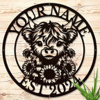 Personalized Highland Cow Name metal Signs,Custom Highland Cow Metal Shed Wall Decor,Black Metal Wall Art Plaques Outdoor wall Decorative Signage (Style E)