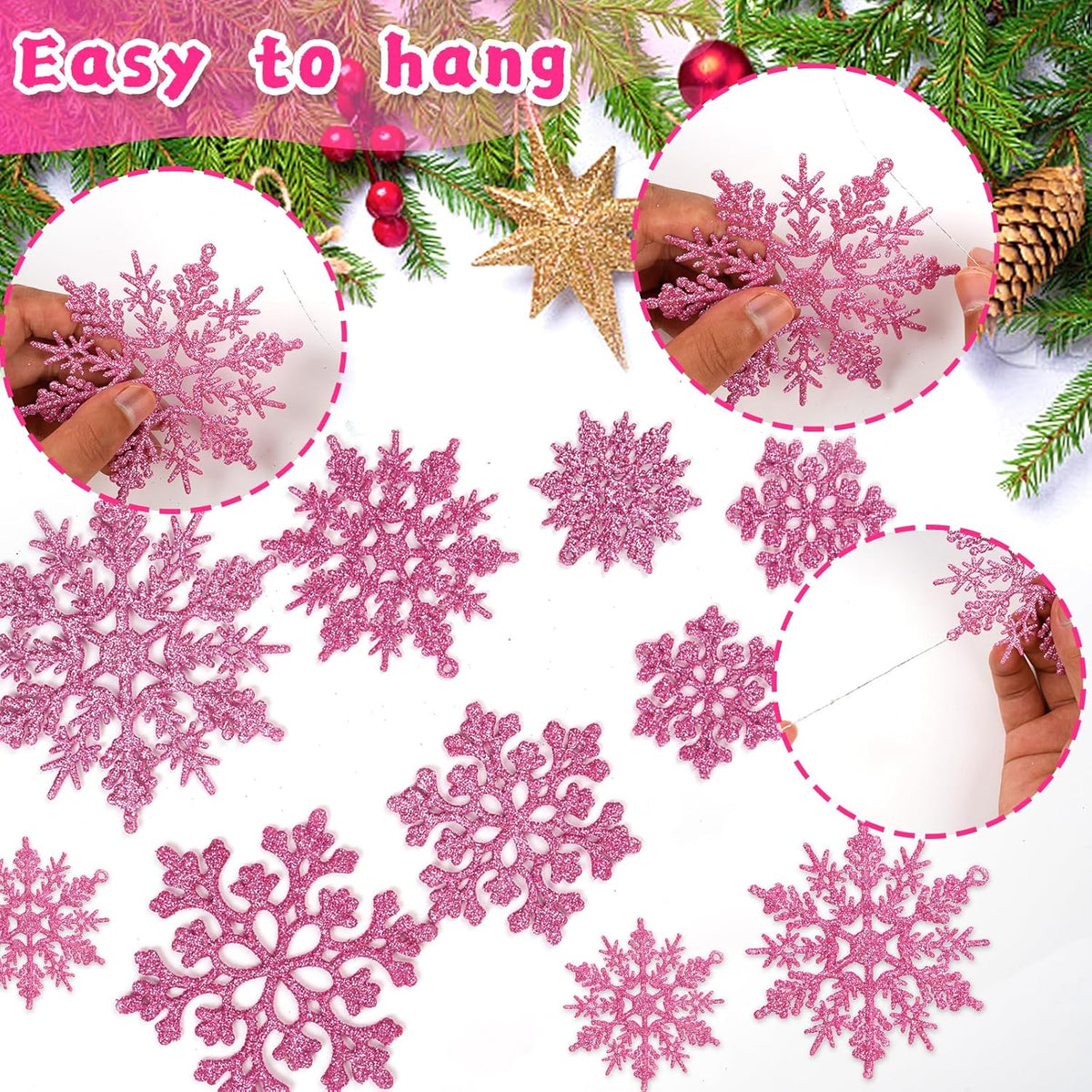 36pcs Christmas Light Pink Snowflake Ornaments Plastic Glitter Snow Flakes Ornaments for Winter Christmas Tree Decorations Size Varies Craft Snowflakes