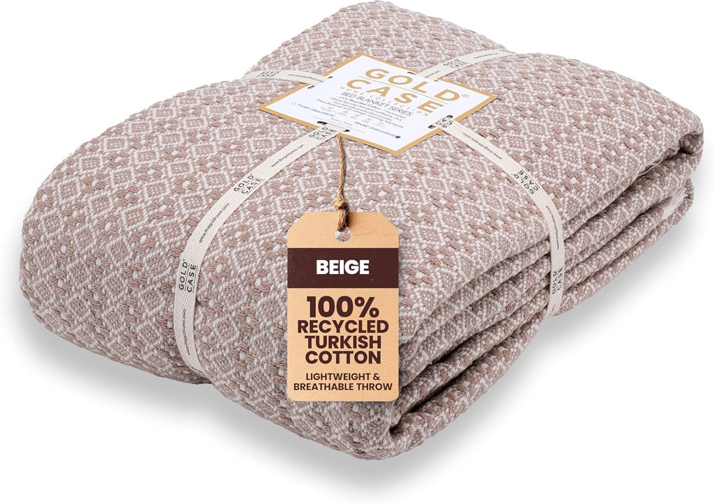Gold Case Throw Blanket for Bed – 100% Recycled Turkish Cotton Bed Blanket – Decorative Throw Cotton Blankets for Living Room & Bedroom – Retro Beige Woven Queen Blankets – 90x90