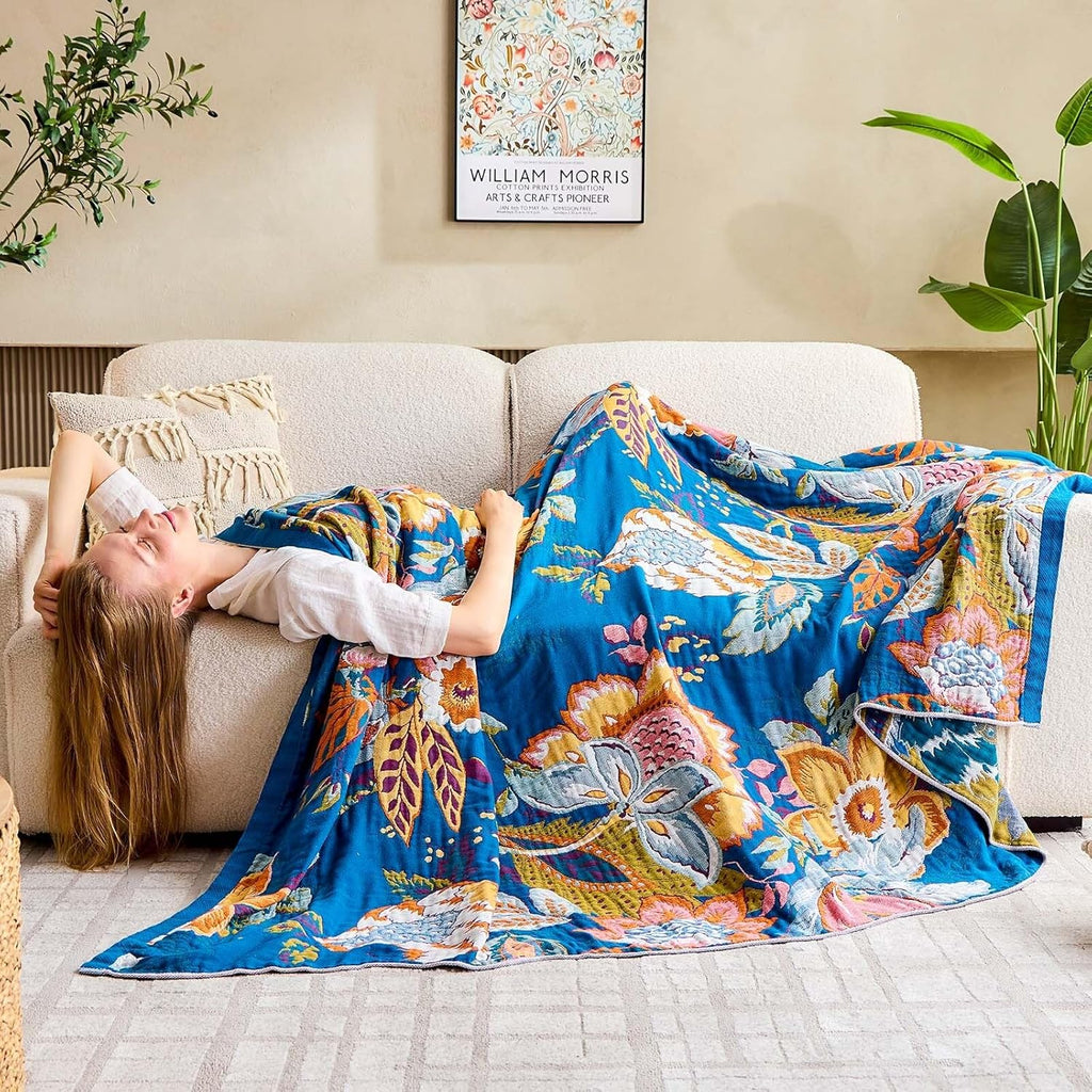 Boho Throw Blanket, Blue Lightweight Blankets for Summer, 100% Cotton Bohemian Decorative Throw Blanket, 60"x80" Reversible Muslin Breathable Woven Farmhouse Blankets Quilt,