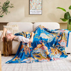 Boho Throw Blanket, Blue Lightweight Blankets for Summer, 100% Cotton Bohemian Decorative Throw Blanket, 60"x80" Reversible Muslin Breathable Woven Farmhouse Blankets Quilt,
