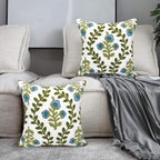 Alysheer Floral Embroidered Summer Decorative Throw Pillow Covers 18"x 18" Set of 2, Farmhouse Blue Flowers Green Vines Patterned Cotton Cushion Cases for Couch Bed Living Room Cottage Decor