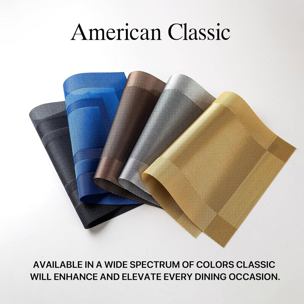 LEXMORE Placemats Set of 4 Vinyl/Plastic Woven Place Mats for Kitchen Table Indoor/Outdoor Washable Placemat Wipeable Dining Table Mats(G-Black Cube)