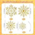 36pcs Gold Shine Christmas Snowflake Ornaments, Plastic Glitter Hanging Snow Flakes for Christmas Tree Decorations Winter Wonderland Frozen Birthday Party Holiday Home Decor