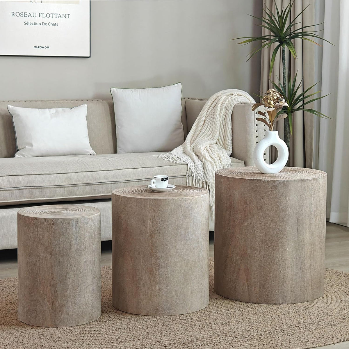 Round Nesting Coffee Table Set of 3, Small Pedestal Stand, Modern Circle Coffee Tables, Wooden Accent Side Table End Footstools for Living Room Office Bedroom, Farmhouse, Rustic