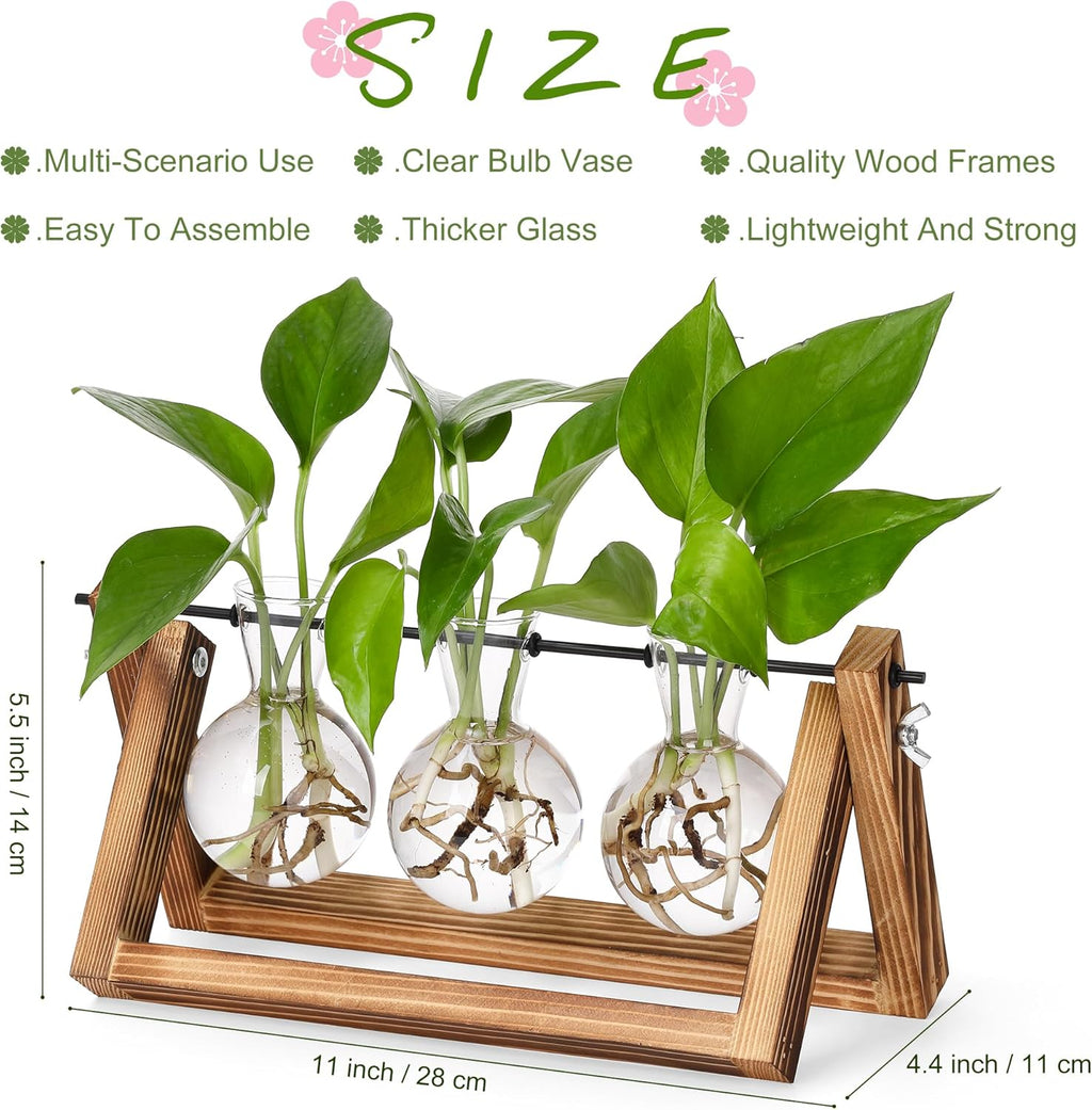 YIBOT Plants Propagation Stations,Desk Plant Terrarium with Retro Wooden Stand,Plant Lover Gifts for Women for Hydroponics Plants Home Garden Wedding Decor(3 Bulb Vase)