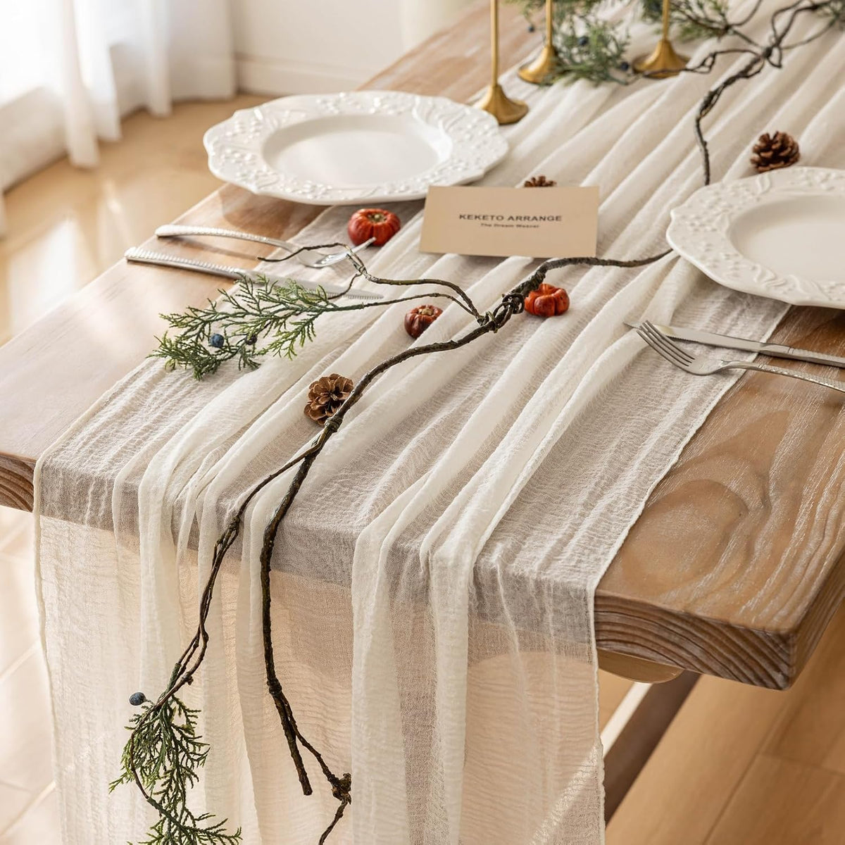 6pcs Ivory Gauze Rustic Cheesecloth Table Runner 120 Inch 10 FT for Wedding Baby Shower Bridal Shower Birthday Engagement Garden Outdoor Party Long Sheer Boho Decorations
