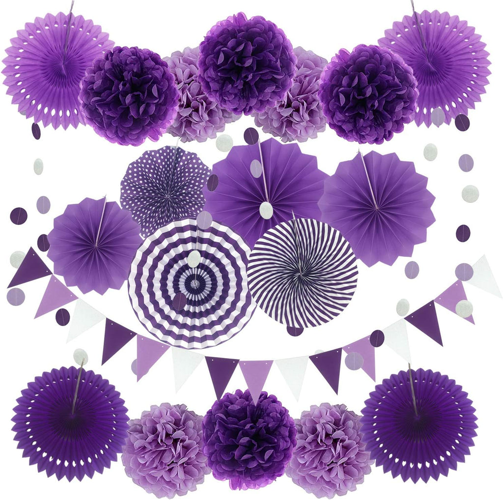 ZERODECO Party Decoration, 21 Pcs Purple and Lavender Hanging Paper Fans, Pom Poms Flowers, Garlands String Polka Dot and Triangle Bunting Flags for Birthday Parties, Wedding, Mermaid Party