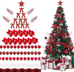 Sunnyglade 94 PCS Christmas Tree Ornaments Set with Glitter Poinsettia, Bows, Ribbons, Leaves & Assorted Decoration Ball for Xmas Tree Holiday Wedding Party Decorations (Red)
