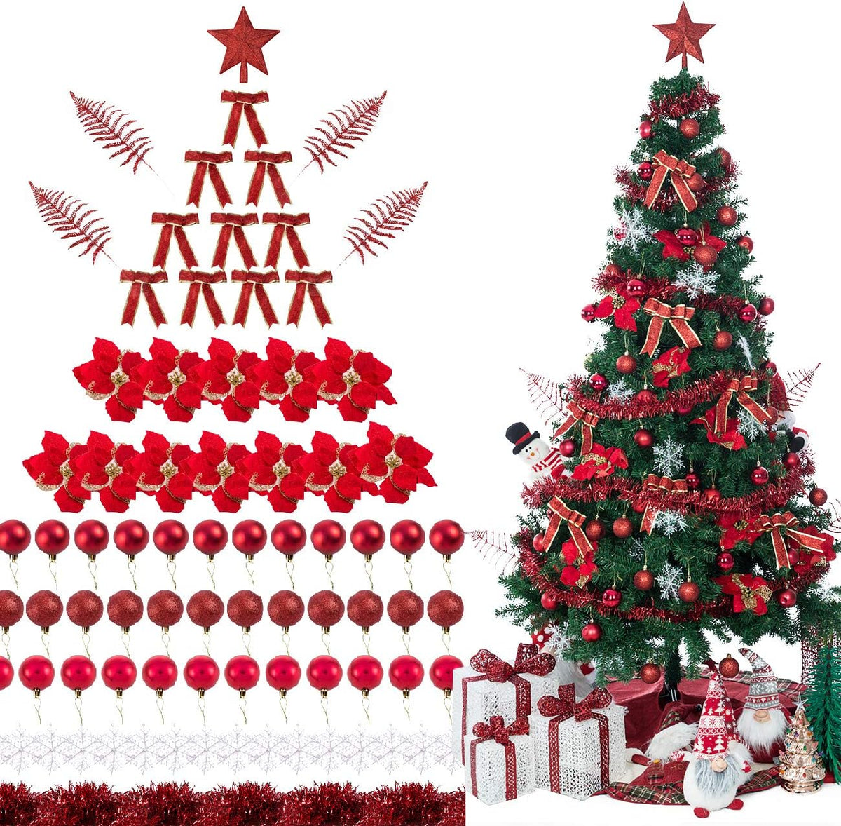 Sunnyglade 94 PCS Christmas Tree Ornaments Set with Glitter Poinsettia, Bows, Ribbons, Leaves & Assorted Decoration Ball for Xmas Tree Holiday Wedding Party Decorations (Red)