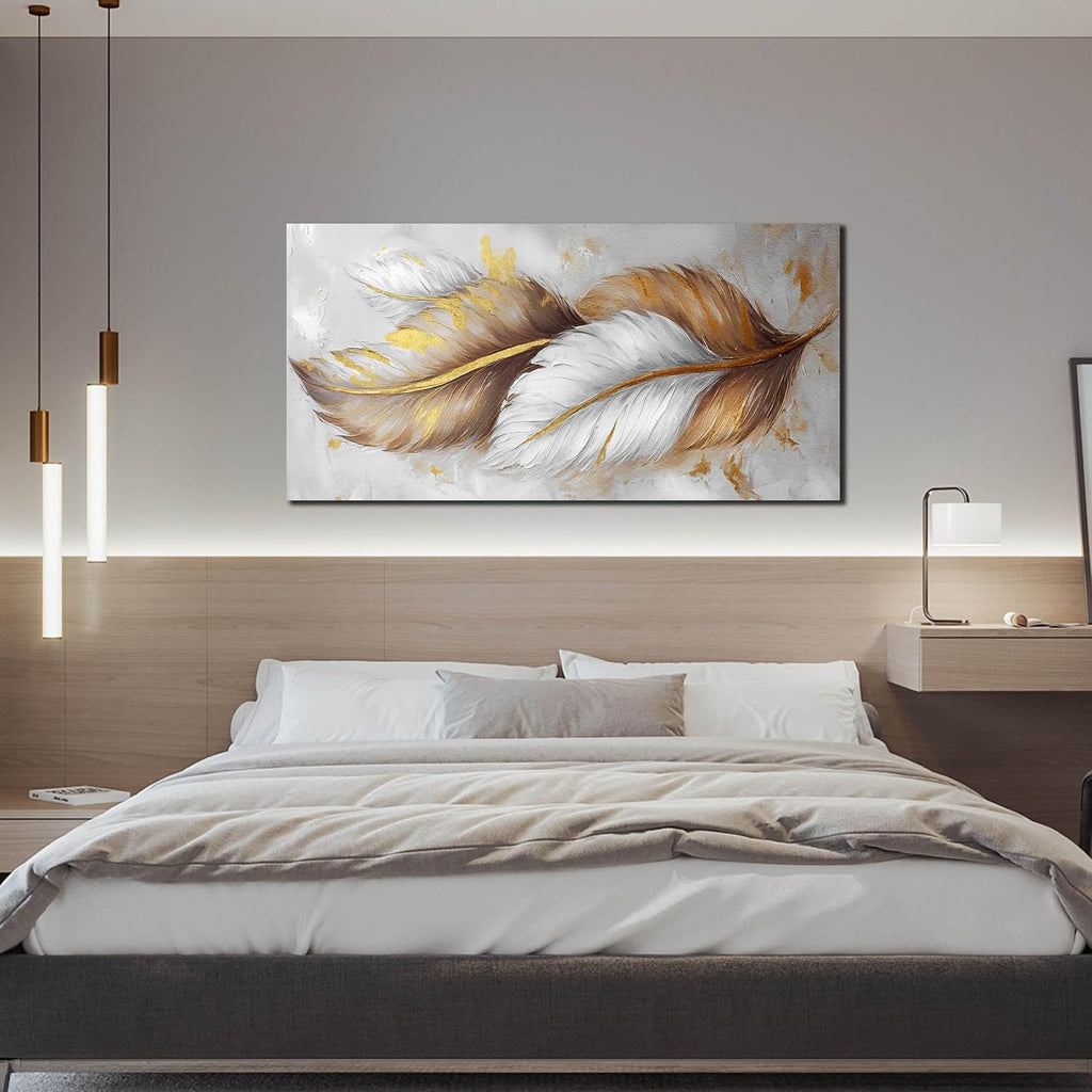 Leaf Canvas Wall Art for Living Room Large Size - White and Brown Gold Pictures Wall Art for Bedroom - Modern Wall Art Office Size 29" x 59"