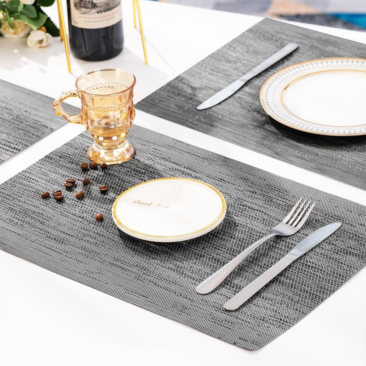 Leetaltree Grey Placemats, Heat Resistant Non-Slip Place mats for Dining Table, Washable Durable PVC Vinyl Woven Table Mats (Set of 4)