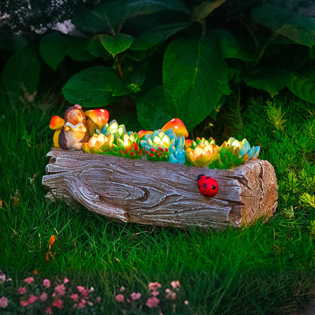 Garden Solar Figurine Light - Stump Succulent Solar Light Outdoor, Solar Powered Lighting Outside Decorations Yard Art Lawn Ornaments for Porch Patio Balcony - Succulent Gifts for Women Mom