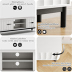 White Mid Century Modern TV Stand, Wood Fluted Living Room TV Stands with Storage Sliding Doors, Desert-Inspired Design MCM Entertainment Center for 55 60 65 70 75 55+ 60+ 65+ 70+ Inch