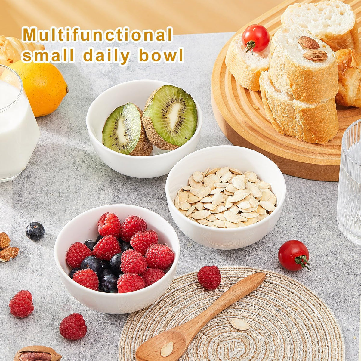 White 4.5in Small Ceramic Bowls 12 OZ, AntoKueh Cereal Bowls Set of 12 for Dessert, Rice, Jello, Family dressfamily gatherings, hosting dinner parties