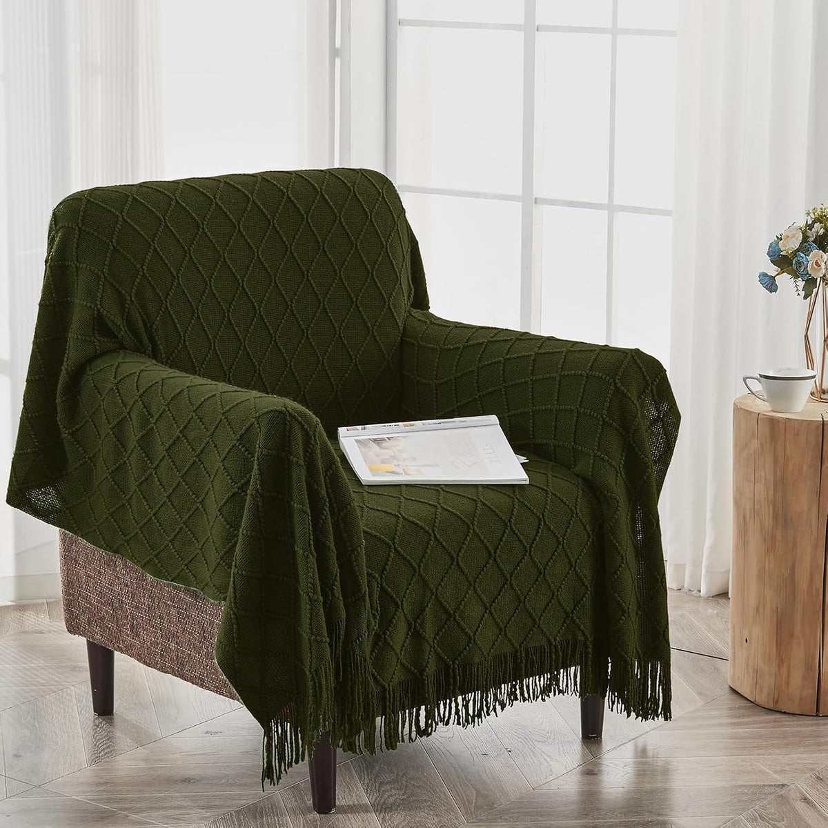 inhand Knitted Throw Blankets for Couch and Bed, Soft Cozy Knit Blanket with Tassel, Dark Green Lightweight Decorative Blankets and Throws, Farmhouse Warm Woven Blanket for Men and Women, 50"x60"