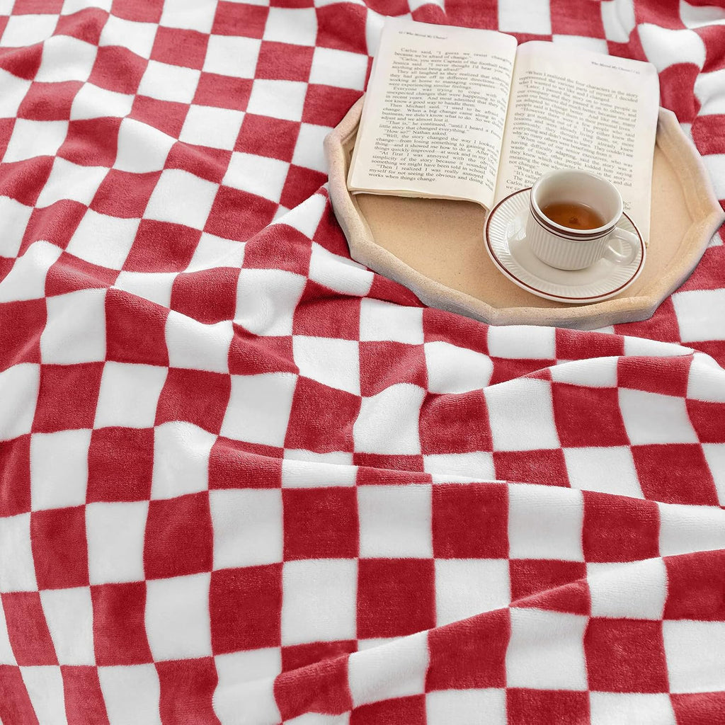 LOMAO Throw Blankets Flannel Blanket with Checkerboard Grid Pattern Soft Throw Blanket for Couch, Bed, Sofa Luxurious Warm and Cozy for All Seasons (Red, 50"x60")