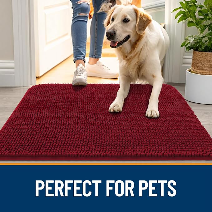 OLANLY Dog Door Mat for Muddy Paws 50x30, Super Absorbent Chenille Mud Mat | Red - Image 6