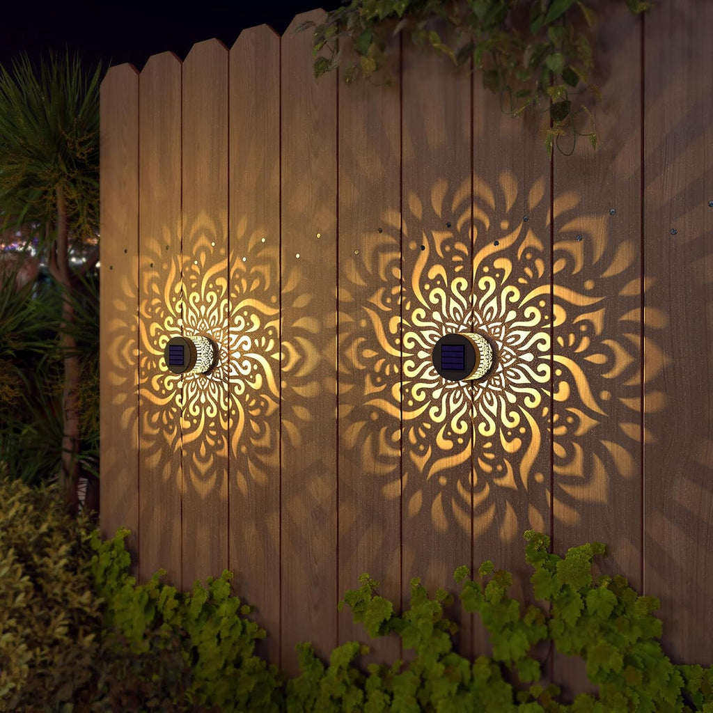 2 Pack Solar Fence Lights Metal Solar Powered Outdoor Deck Step Wall Lights Mandala Theme Waterproof Fence Light for Garden Post Patio Backyard Yard Decor (2 Pack)