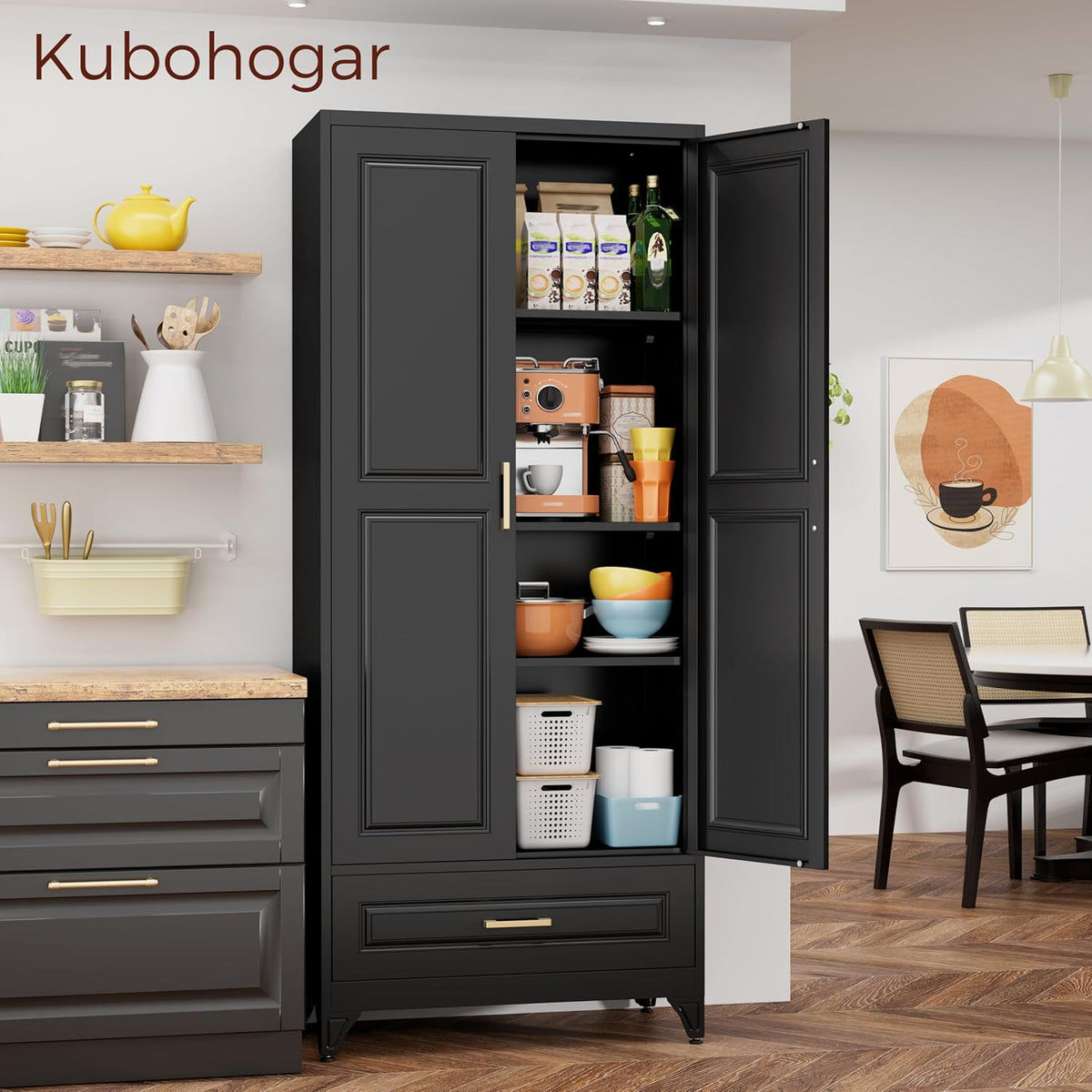 75" Kitchen Pantry Cabinet with Drawer, Metal Storage Cabinets with Doors and Adjustable Shelves, Black Tall Pantry Cabinet for Dinning Living Room, Home Office