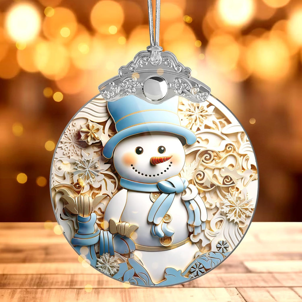 2025 Christmas Ornament, Stained Glass Effections, Christmas Tree 4 Inch Acrylic Ornament Art, White Elephant Gifts Car Interiors Decors, Christmas Decor (Blue hat Snowman)
