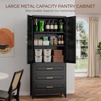 75" Kitchen Pantry Cabinet, Metal Storage Cabinets with Doors and Adjustable Shelves, Black Tall Pantry Cabinet with 3 Drawers for Dinning Living Room