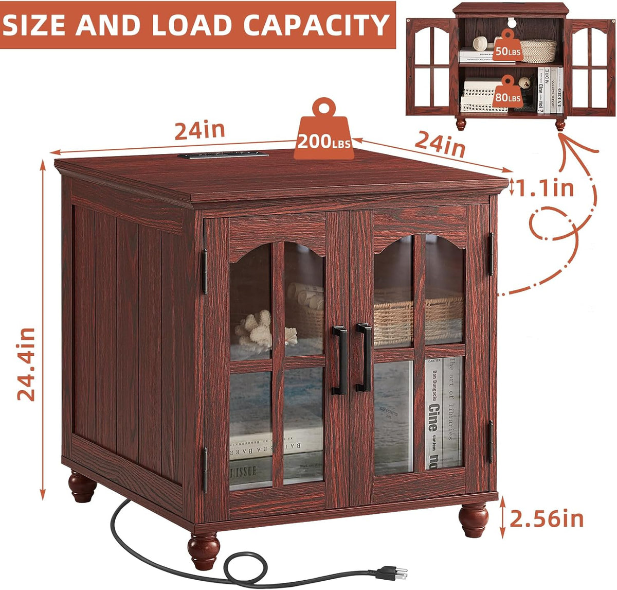 Farmhouse End Table with Charging Station,24" Large Sofa Side Table with Glass Barn Door,Rustic Wood Night Stand with Adjustable Storage Shelf,Square Bedside Table for Living Room,Bedroom Office