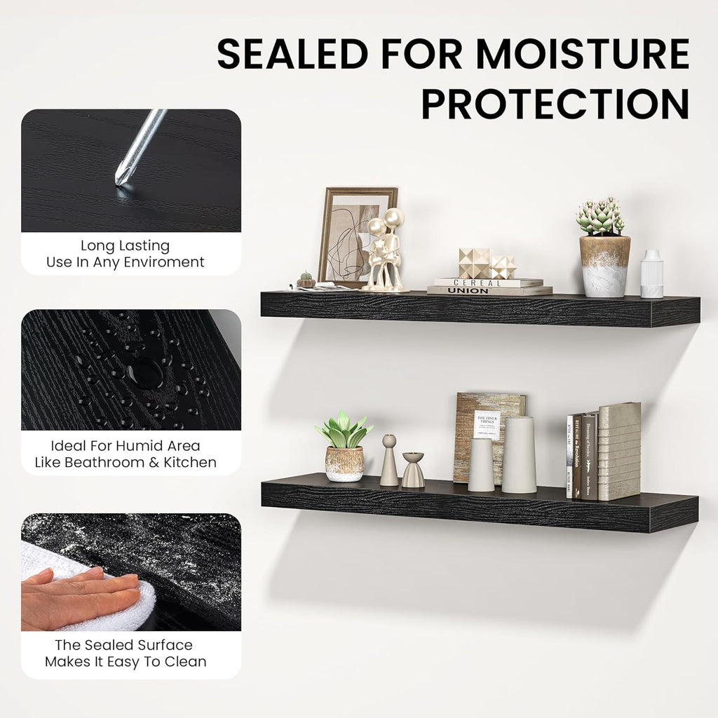 Floating Shelves for Wall, 40" W x 8" D x 1.5" H, Wooden Wall Mounted Display Shelves with Invisible Brackets for Living Room, Bedroom, Bathroom, Kitchen Decor and Storage, Set of 2, Black
