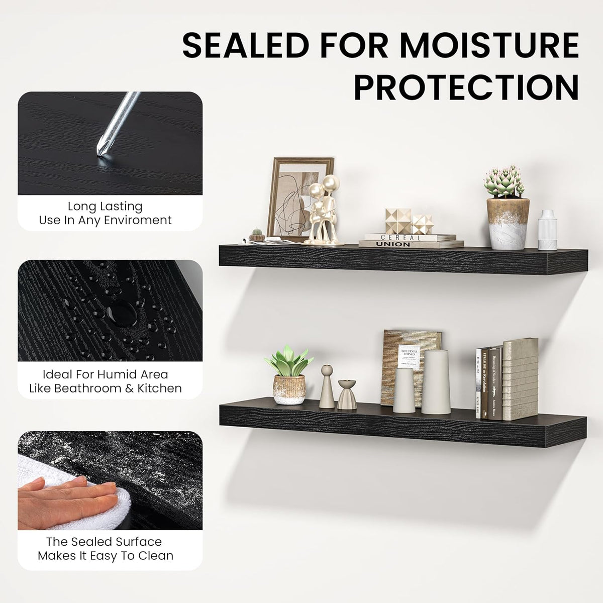 Floating Shelves for Wall, 40" W x 8" D x 1.5" H, Wooden Wall Mounted Display Shelves with Invisible Brackets for Living Room, Bedroom, Bathroom, Kitchen Decor and Storage, Set of 2, Black