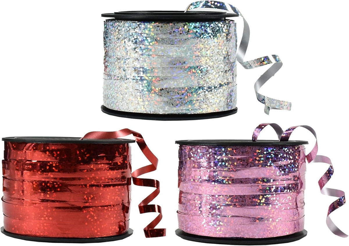 BEISHIDA Red Pink Silver Curling Ribbons Balloon String Ribbons - 3 Pack 100 Yards for Gift Warppping Valentine Day Birthday Christmas Party Decorations