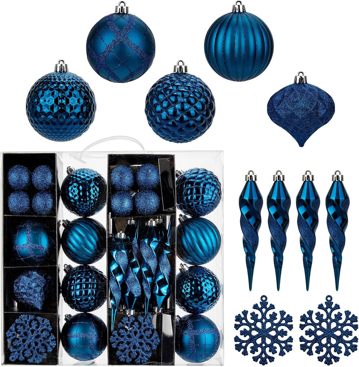 50PCS Christmas Tree Ornaments Set with Shatterproof Balls Icicle Snowflake Hanging Ornaments for Home Office Farmhouse Christmas Decorations, Dark Blue