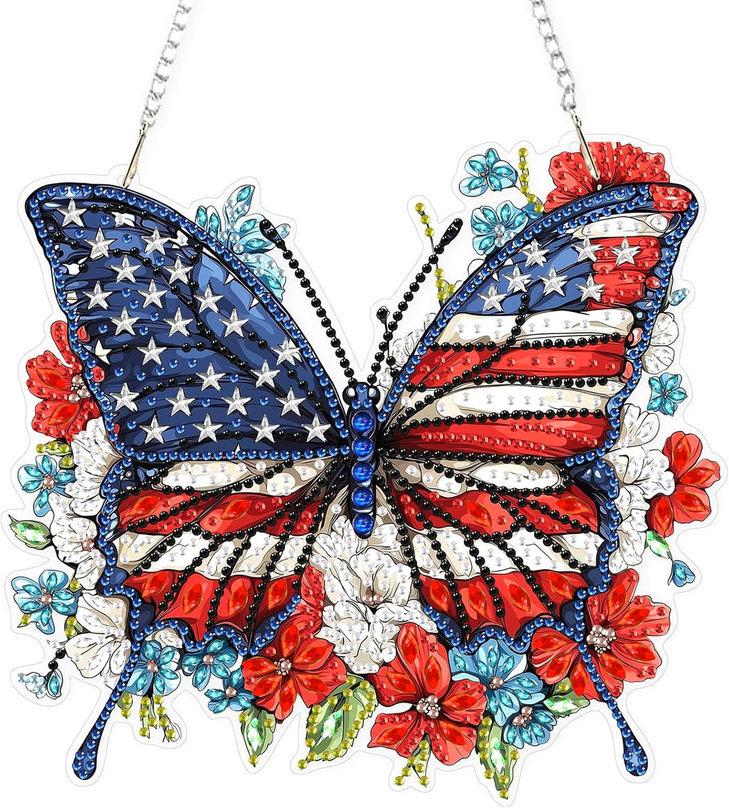 Lxmsja DIY Butterfly Diamond Painting Hanging Ornament, Double-Sided Acrylic American Flag Diamond Art Kit, Special Shaped Drill Pendant Window Art Kit, Suncatcher Hanging Craft Decoration 7×8 inch
