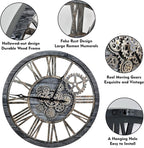 The B-Style Large Real Moving Gears Wall Clock 30 inch Rustic Retro Industrial Farmhouse Wood Clock Oversized Decorative Vintage Wall Clocks for Living Room (Carbon Gray)