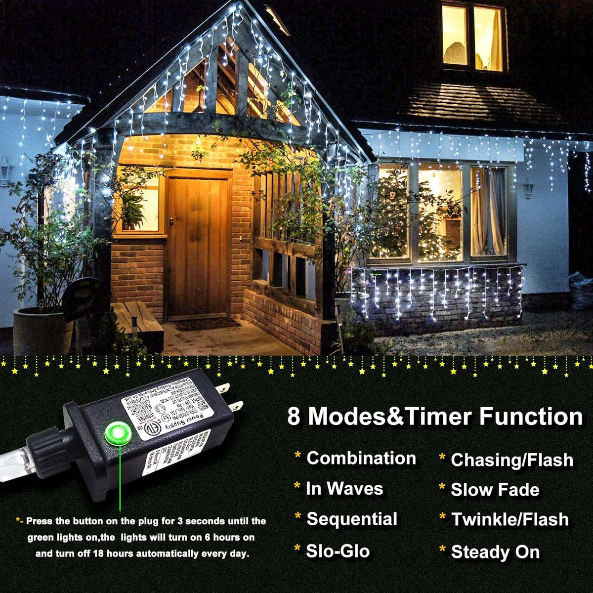 Icicle Christmas Lights Outdoor - 66ft 640 LED Icicle Lights for Outside 8 Modes with 120 Drops, Waterproof Plug in Fairy String Lights for Party Holiday Wedding Christmas Decoration, Cool White