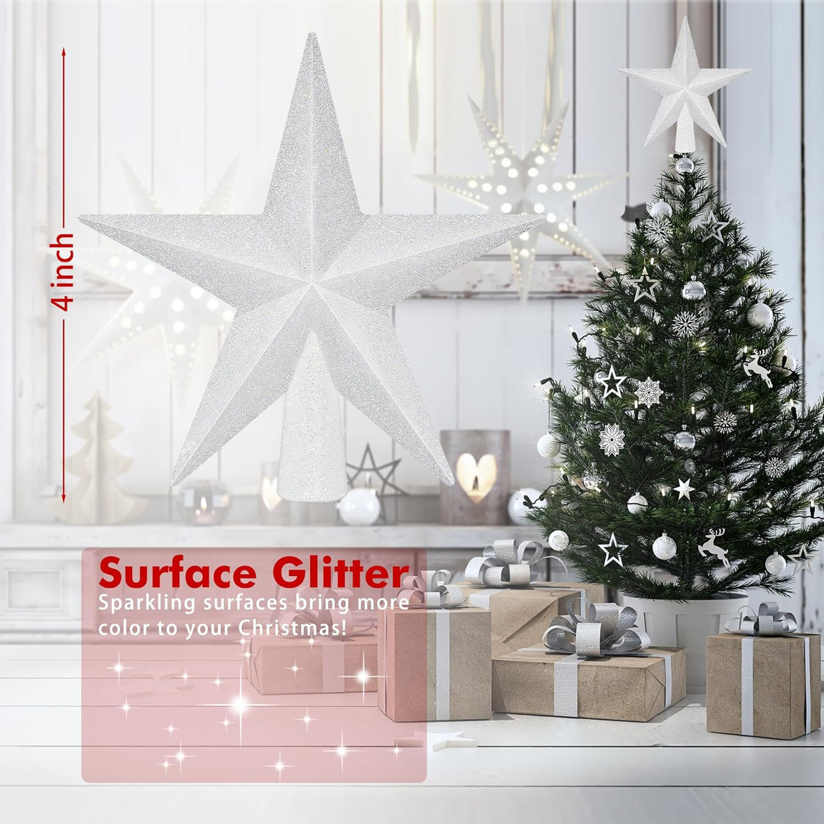Christmas Tree Topper, 1PCS 4" White Glitter Star Tree Topper, 3D Xmas Shatter-Proof Mini Bethlehem Star Tree Topper Decorations, Waterproof Christmas Decor for Holiday Home Outdoor Ornament
