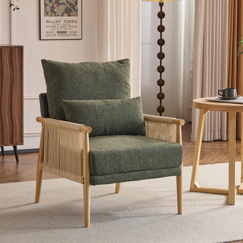 VINGLI Boho Braid Accent Armchair,Mid-Century Modern Chiar with Solid Wooden Armrest,Comfy Louge Cushion Chair with Waist Pillow for Bedroom,Living Room,Reading Room, Dark Green