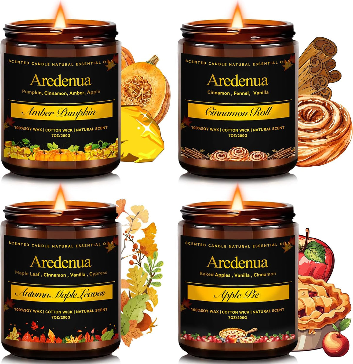 Fall Candles Set | 4 Pack Autumn Scented Candles, Soy Candles for Home Scented, Cozy Seasonal Candle Gifts for Women Men - Fall Scents of Cinnamon Roll/Pumpkin/Autumn Leaves/Apple Pie