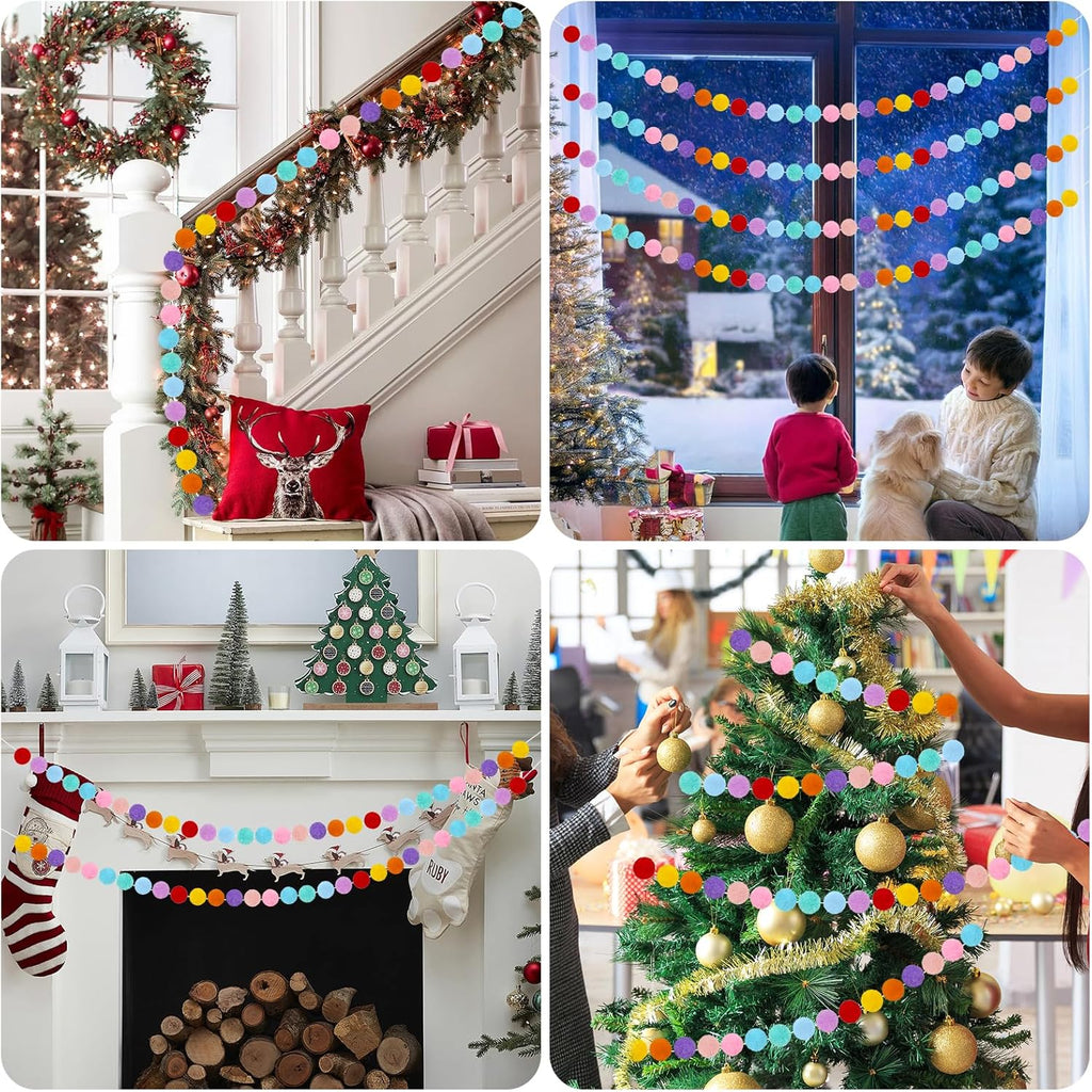 4 Pack Colorful Pom Pom Garland, 26.5 Feet Long Felt Ball Rainbow Banner, 30 Balls 10Color Felt Ball Garland for Christmas Tree Decoration Party Hanging Decor